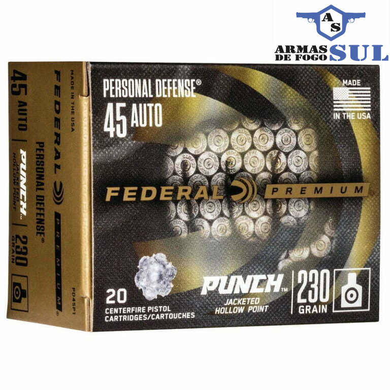 Munição FEDERAL PERSONAL DEFENSE PUNCH .45 AUTO HP 230 Grains – Cx 20
